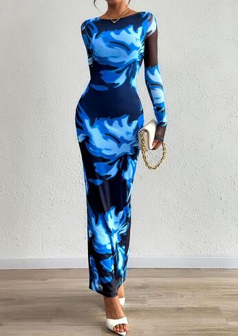 PRETTYGARDEN Bodycon Maxi Dress 2025 Fall Floral Long Sleeve Sexy Mesh Cocktail Wedding Guest Long Dresses in Saudi Arabia