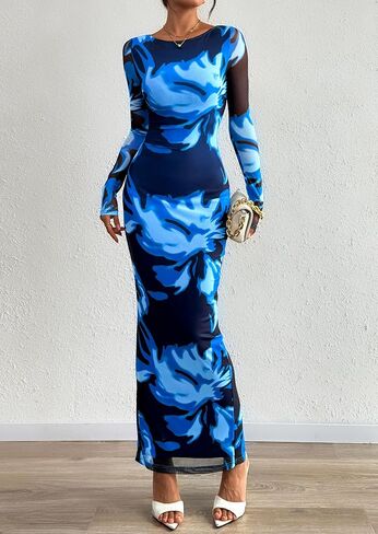 PRETTYGARDEN Bodycon Maxi Dress 2025 Fall Floral Long Sleeve Sexy Mesh Cocktail Wedding Guest Long Dresses in Saudi Arabia