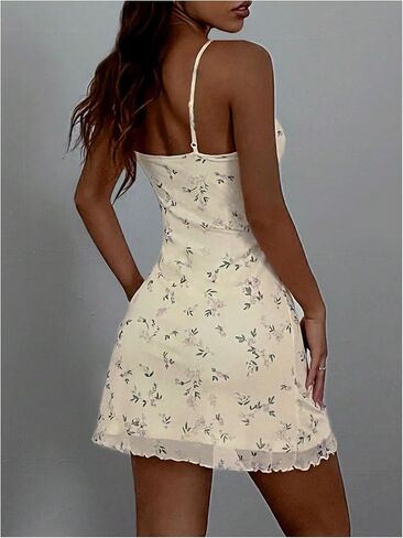 Women's Floral Print Lettuce Trim Cami Dress Square Neck Sleeveless Bodycon Mesh Mini Dress in Saudi Arabia