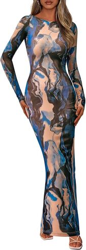 PRETTYGARDEN Bodycon Maxi Dress 2025 Fall Floral Long Sleeve Sexy Mesh Cocktail Wedding Guest Long Dresses in Saudi Arabia