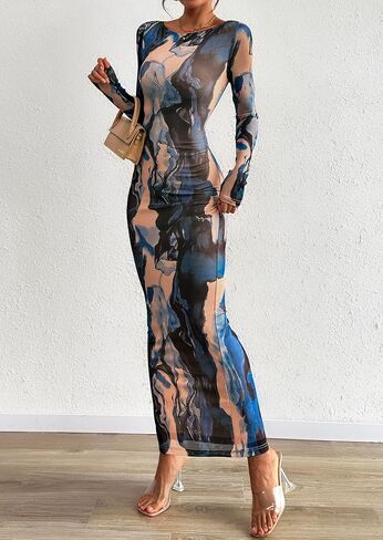 PRETTYGARDEN Bodycon Maxi Dress 2025 Fall Floral Long Sleeve Sexy Mesh Cocktail Wedding Guest Long Dresses in Saudi Arabia