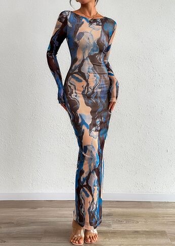 PRETTYGARDEN Bodycon Maxi Dress 2025 Fall Floral Long Sleeve Sexy Mesh Cocktail Wedding Guest Long Dresses in Saudi Arabia
