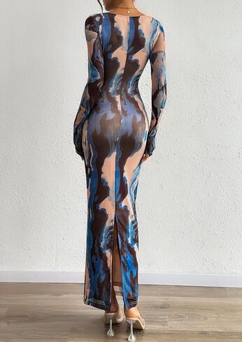 PRETTYGARDEN Bodycon Maxi Dress 2025 Fall Floral Long Sleeve Sexy Mesh Cocktail Wedding Guest Long Dresses in Saudi Arabia
