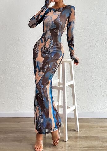 PRETTYGARDEN Bodycon Maxi Dress 2025 Fall Floral Long Sleeve Sexy Mesh Cocktail Wedding Guest Long Dresses in Saudi Arabia