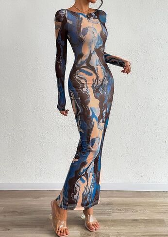 PRETTYGARDEN Bodycon Maxi Dress 2025 Fall Floral Long Sleeve Sexy Mesh Cocktail Wedding Guest Long Dresses in Saudi Arabia