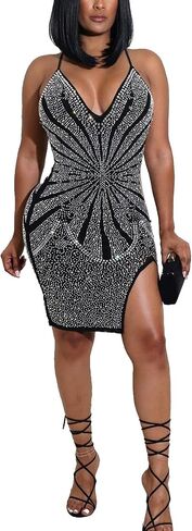 WOKANSE Women's Rhinestone Bodycon Dresses Sexy Mesh Sheer See Through Nightclub Party Dress in Kuwait
