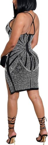 WOKANSE Women's Rhinestone Bodycon Dresses Sexy Mesh Sheer See Through Nightclub Party Dress in Kuwait