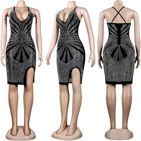 WOKANSE Women's Rhinestone Bodycon Dresses Sexy Mesh Sheer See Through Nightclub Party Dress in Kuwait