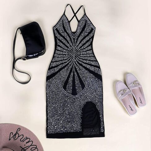 WOKANSE Women's Rhinestone Bodycon Dresses Sexy Mesh Sheer See Through Nightclub Party Dress in Kuwait