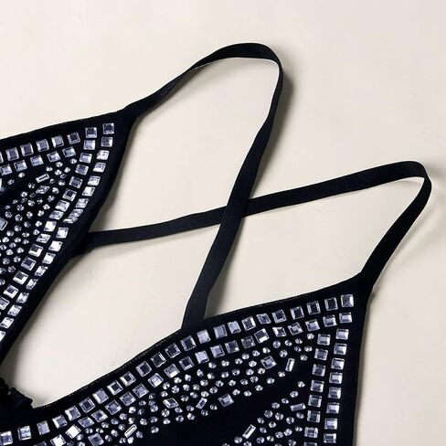 WOKANSE Women's Rhinestone Bodycon Dresses Sexy Mesh Sheer See Through Nightclub Party Dress in Kuwait