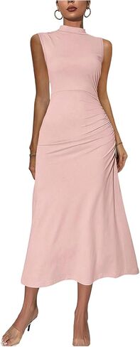 Floerns Women's Solid Sleeveless Mock Neck Ruched Bodycon Dress High Waist A Line Midi Dresses in Saudi Arabia