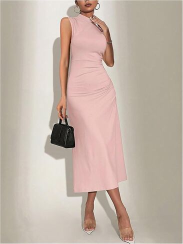 Floerns Women's Solid Sleeveless Mock Neck Ruched Bodycon Dress High Waist A Line Midi Dresses in Saudi Arabia