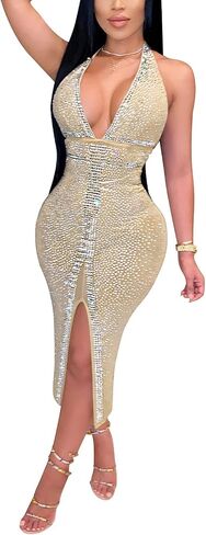 WOKANSE Women's Rhinestone Bodycon Dresses Sexy Mesh Sheer See Through Nightclub Party Dress in Kuwait