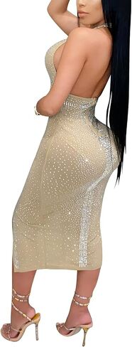 WOKANSE Women's Rhinestone Bodycon Dresses Sexy Mesh Sheer See Through Nightclub Party Dress in Kuwait