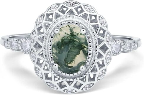 Omranii Art Deco Oval Natural Green Moss Agate Cocktail Cocktail Ring عتيقة طراز CZ خواتم الزفاف للنساء 925 هدايا الفضة الاسترليني لها in Saudi Arabia
