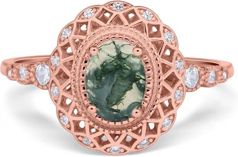 Omranii Art Deco Oval Natural Green Moss Agate Cocktail Cocktail Ring عتيقة طراز CZ خواتم الزفاف للنساء 925 هدايا الفضة الاسترليني لها in Saudi Arabia