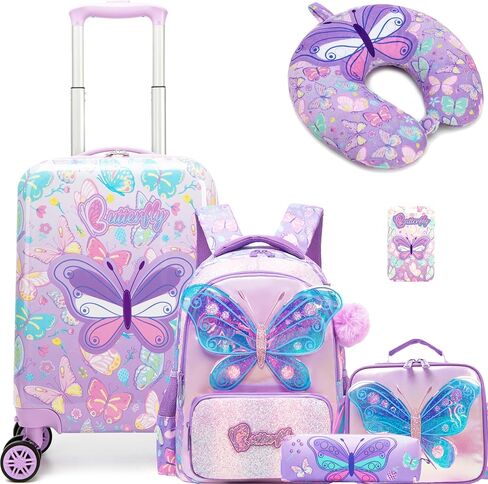 Kid's Luggage Set 5 Piece Suitcase Set 16" Hardside Luggage with Spinner Wheels Girls Carry on Toddler Travel Rolling Suitcase with Neck Pillow Airline Approved in Saudi Arabia