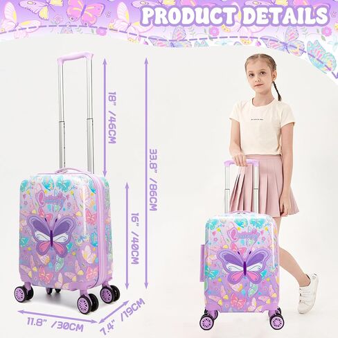 Kid's Luggage Set 5 Piece Suitcase Set 16" Hardside Luggage with Spinner Wheels Girls Carry on Toddler Travel Rolling Suitcase with Neck Pillow Airline Approved in Saudi Arabia