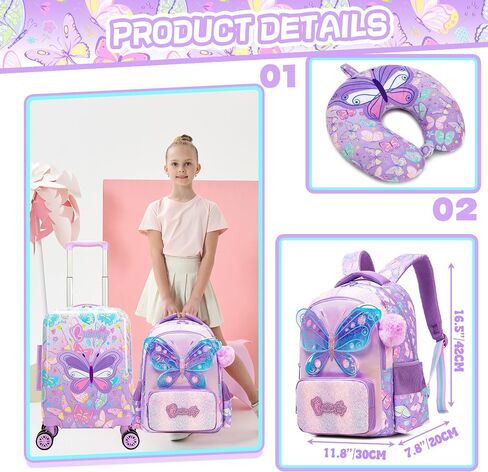Kid's Luggage Set 5 Piece Suitcase Set 16" Hardside Luggage with Spinner Wheels Girls Carry on Toddler Travel Rolling Suitcase with Neck Pillow Airline Approved in Saudi Arabia
