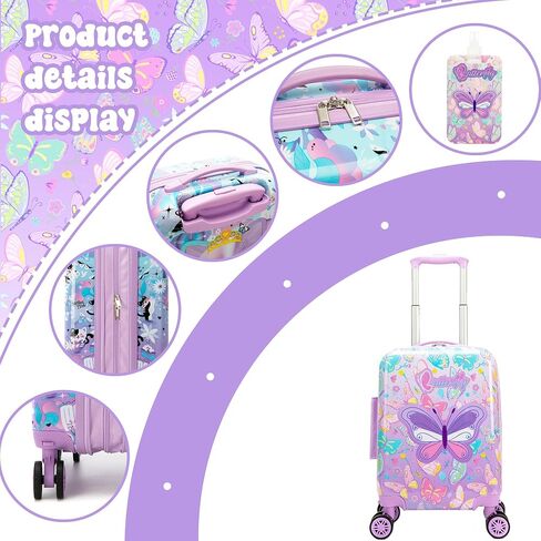 Kid's Luggage Set 5 Piece Suitcase Set 16" Hardside Luggage with Spinner Wheels Girls Carry on Toddler Travel Rolling Suitcase with Neck Pillow Airline Approved in Saudi Arabia