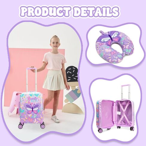 Kid's Luggage Set 5 Piece Suitcase Set 16" Hardside Luggage with Spinner Wheels Girls Carry on Toddler Travel Rolling Suitcase with Neck Pillow Airline Approved in Saudi Arabia