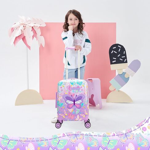 Kid's Luggage Set 5 Piece Suitcase Set 16" Hardside Luggage with Spinner Wheels Girls Carry on Toddler Travel Rolling Suitcase with Neck Pillow Airline Approved in Saudi Arabia