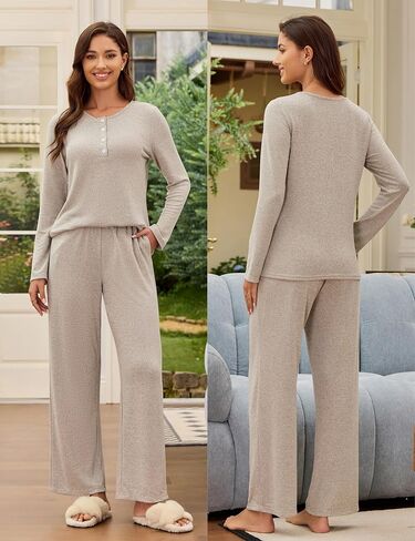 Blooming Jelly Women 2 Piece Pajama Set Button Up Color Block Soft Fall Lounge Sets Wide Leg Pants Sleepwear Pockets in Saudi Arabia