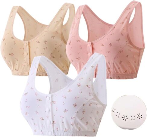 3 Pack Medium Elderly Floral Cotton Bra, Women Full Coverage Pullover Comfy Wireless Underwear Bras with Removbale Padded in Saudi Arabia
