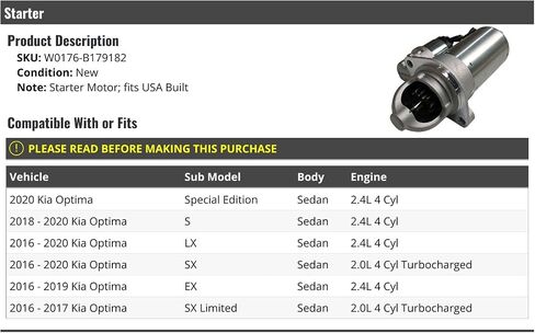 Motor Starter - متوافق مع 2016-2020 Kia Optima سيدان (نماذج بنيت الولايات المتحدة الأمريكية فقط) in Saudi Arabia