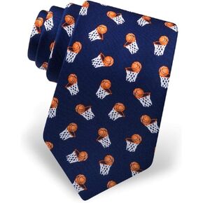 Men's 100% Silk Navy Blue Basketball Hoops Sports Tie Necktie