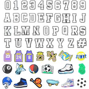 Sainyarh 56pcs الأحذية سحر الديكور، الرياضة الحروف عدد الأحذية سحر تمساح المقابس أزرار Gibbets للأطفال الصغار الأولاد الرجال قباقيب الأحذية، حفلة عيد ميلاد هاواي شاطئ هدايا الحفلات in Kuwait