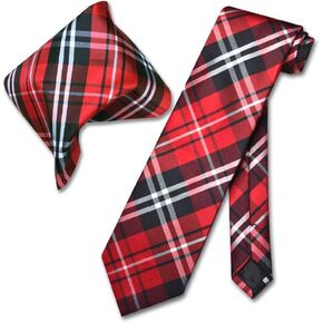 Vesuvio Napoli Black Red White PLAID NeckTie & Handkerchief Matching Tie Set