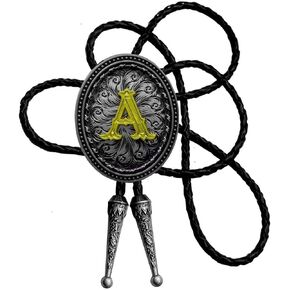 Moranse Bolo Tie Silver Initial Letter A to Z In Western Cowboy Oval Medal Style with Cowhide Rope Necktie