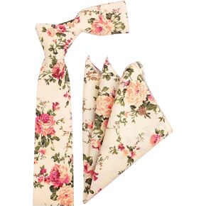 Ctskyte Men's Skinny Cotton Linen Ties Matching Handkerchief Set Floral Printed Neckties in Kuwait