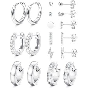 FASACCO Huggie Stud Earring Sets for Multiple Piercing Small Stud Hoop Earrings Dot CZ Bar Stud Earrings 9 pairs