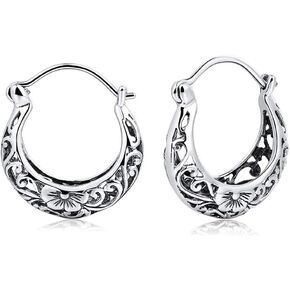 BALMORA 925 Sterling Silver Hoop Earrings for Women Girls Filigree Floral Clip-on Small Huggie Hoop Earrings Vintage Party Jewelry Christmas Gifts for Mom Friends