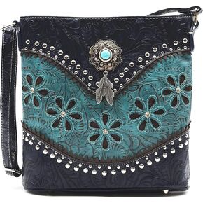 Western Style Tooled Leather Feather Crossbody Handbags Clutch Purse Women Country Everyday Shoulder Bag