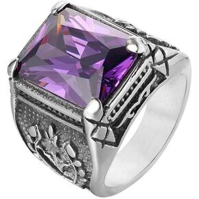Vintage Stainless Steel Bold Silver Gem Stone Rings for Men Large Square Cut Cubic Zirconia Cocktail Ring