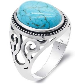 Vintage Turquoise Rings for Men - Solid 925 Sterling Silver Retro Turquoise Wedding Jewelry Bands Rings- Hollow Bohemia Engagement Party Band Rings