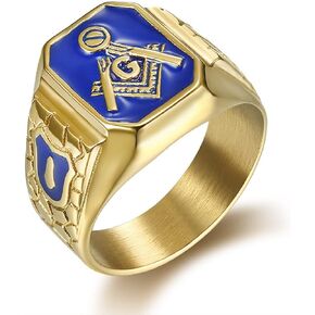 Blue Masonic Freemason Ring, Blue Lodge Masonic Ring for Men, Gold Masonic Master Ring Punk Freemason Symbol Jewelry, Gold Freemasonry Biker Ring Hip Hop Mason Ring Religious Amulet Ring for Boys