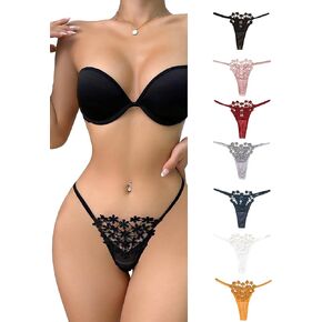 OYOANGLE Women's 7 Pieces Floral Lace V String Thongs Low Rise Underwear Set