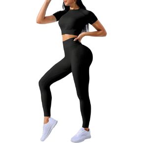 MakeMeChic Women's 2 Piece Outfits Yoga Set Seamless Stretch Short Sleeve Crop Top Tee and Leggings Set