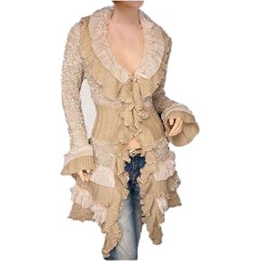 Womens Vintage V Neck Ruffled Asymmetric Cardigan Sweater Outwear Coat