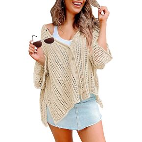 Pink Queen Women's Summer Crochet Sweater Cardigan Lightweight Long Kimono Sleeve Button Down Oversized Hollow Out Coverup