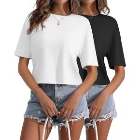 2 قطعة المرأة تي شيرت قصير الأكمام المحاصيل القمم المرأة طاقم الرقبة تيز نصف كم تجريب اقتصاص تي شيرت in Kuwait