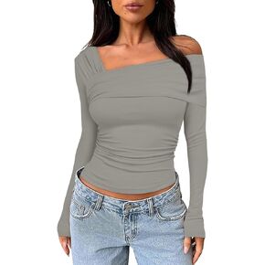 NTSWZYS Women One Off Shoulder Long Sleeve Crop Top Casual Ruched Shirt Slim Fit Y2K Going Out Tops in Kuwait