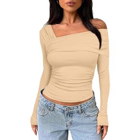 NTSWZYS Women One Off Shoulder Long Sleeve Crop Top Casual Ruched Shirt Slim Fit Y2K Going Out Tops