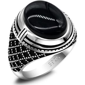 SKOOMEN Black Onyx Silver Ring for Men, Large Oval Biker Statement Ring with Jewelry Box, Turkish Handmade Natural Gemstone Man Fine Jewelry, Vintage Birthday Christmas Hand Ring Gift (Size 8 to 12)