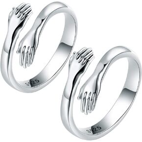 LOVECOM 2Pcs Hug Rings,925 Sterling Silver Hug Ring for Women Men Girls Silver Hugging Hands Open Promise Ring Jewelry Hug Hands Mens Rings Couples Valentine's Day Jewelry Gifts