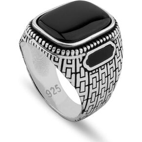 Men's Sterling Silver Silver Ring with Polished Large Black Onyx Gemstone
